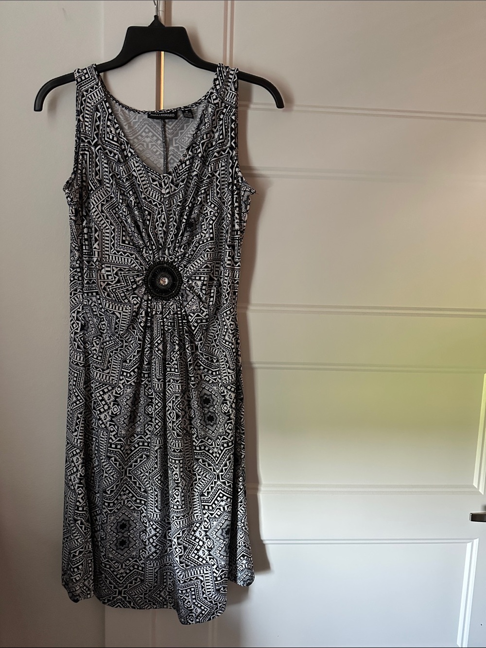 Sleeveless Black & White Printed Dress with Beaded Accent